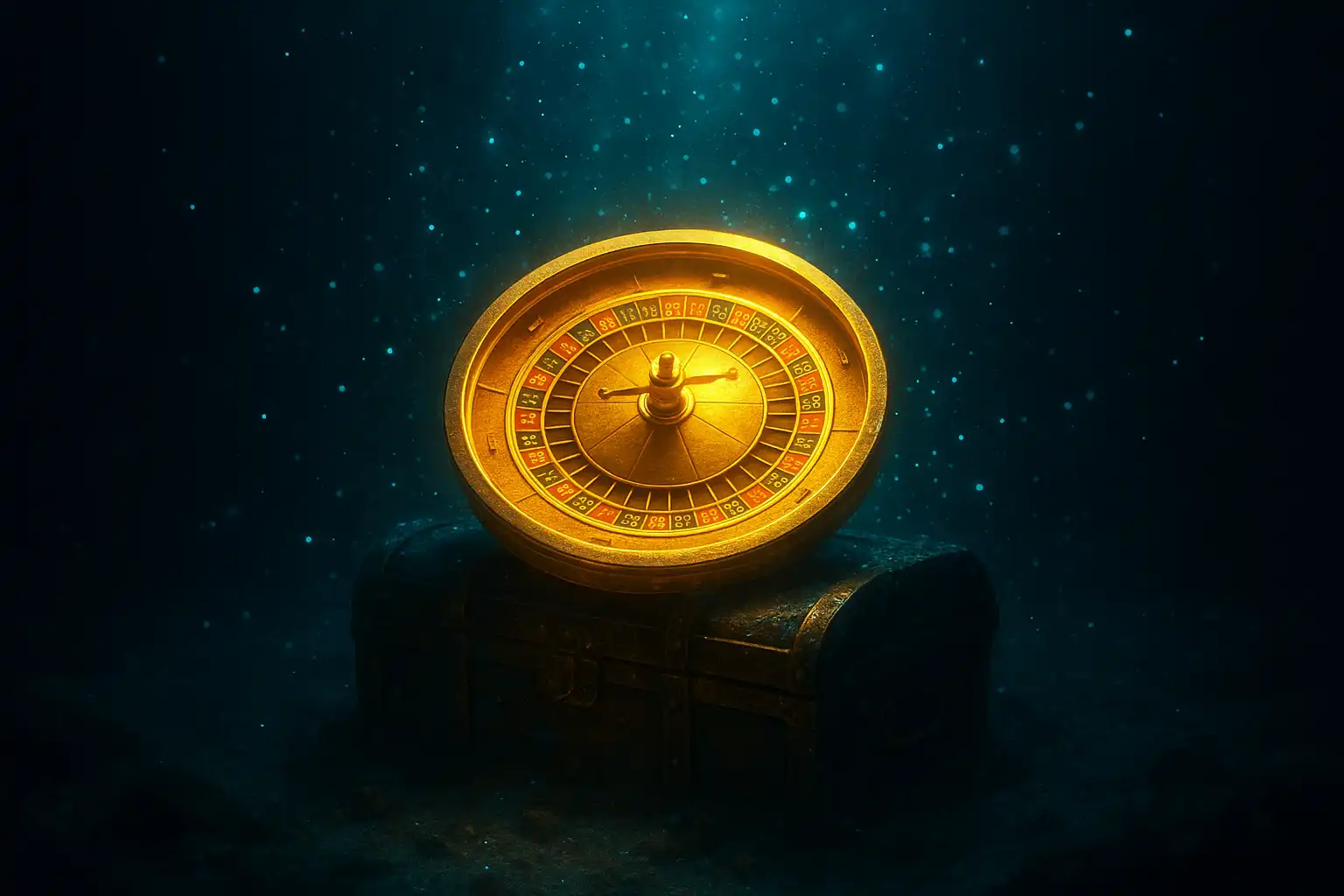 Glowing roulette wheel resting on a sunken treasure chest underwater