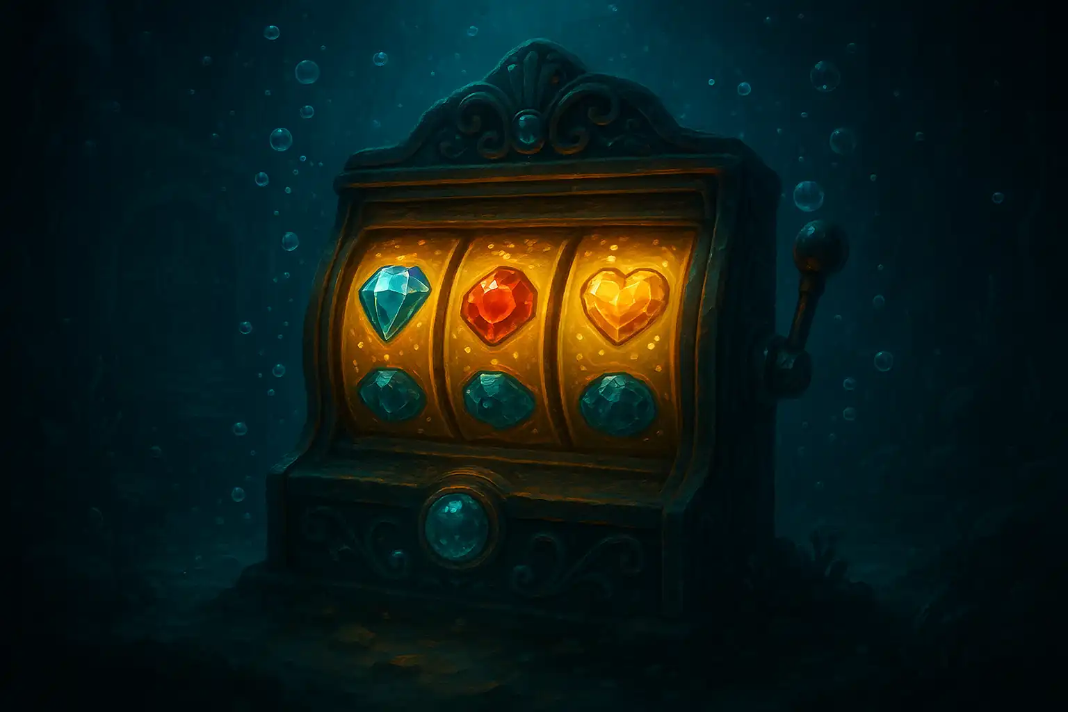 Underwater slot machine reels glowing with gold coins and bioluminescent light